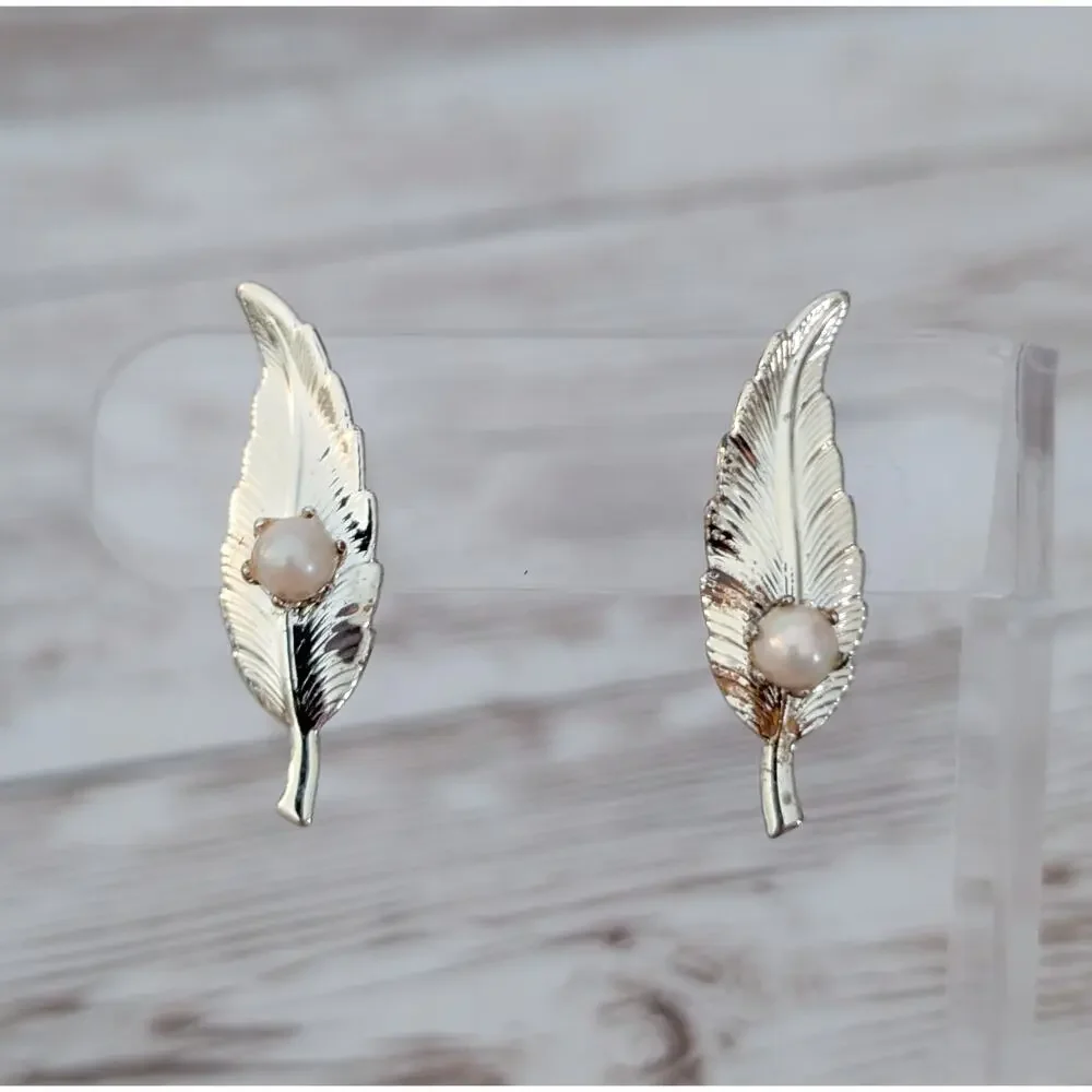 Vintage Screw Back Earrings Mismatched Leaves with Faux Pearls Condition Issues